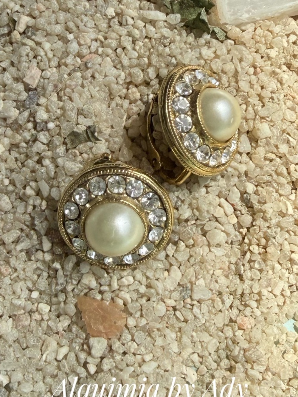 CLIP ON Gold Pearl and Crystal Sunburst Stud Earrings